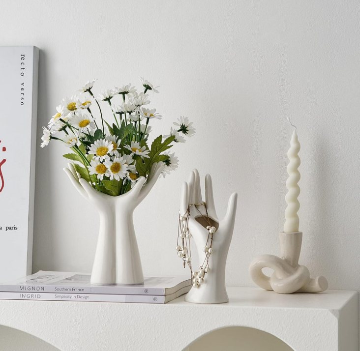 Ceramic Hand Flower Vase, White Vases for Decor, Unique Flower vase Decorative for Table Floral Centerpieces Modern Nordic Style Bedroom Kitchen Living Room Office Desk