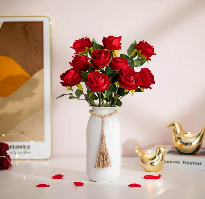 White Decorative Flower Vase - 9in Boho Metal Vase with Bead Strings for Pampas Grass Farmhouse Vases for Table Home Decor Matte Cylinder Vase for Artificial Flowers Rose Twigs