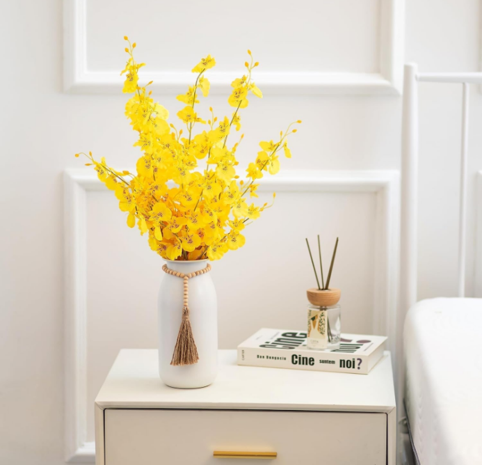 White Decorative Flower Vase - 9in Boho Metal Vase with Bead Strings for Pampas Grass Farmhouse Vases for Table Home Decor Matte Cylinder Vase for Artificial Flowers Rose Twigs