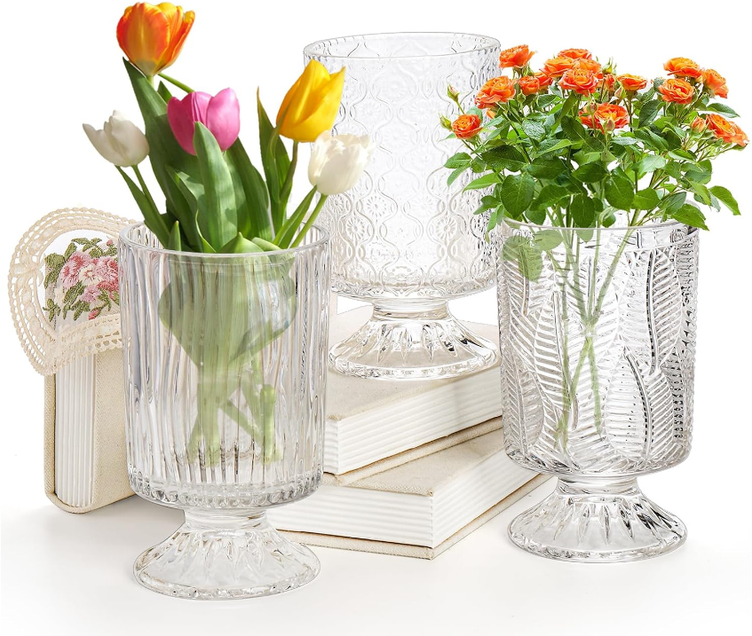 3 Pack Glass Vase, Embossed Big Base Vase, Vintage Clear Flower Vases, Decorative Hydroponic Plant Vase for Wedding, Party, Office, Home, Boho Style Decoration