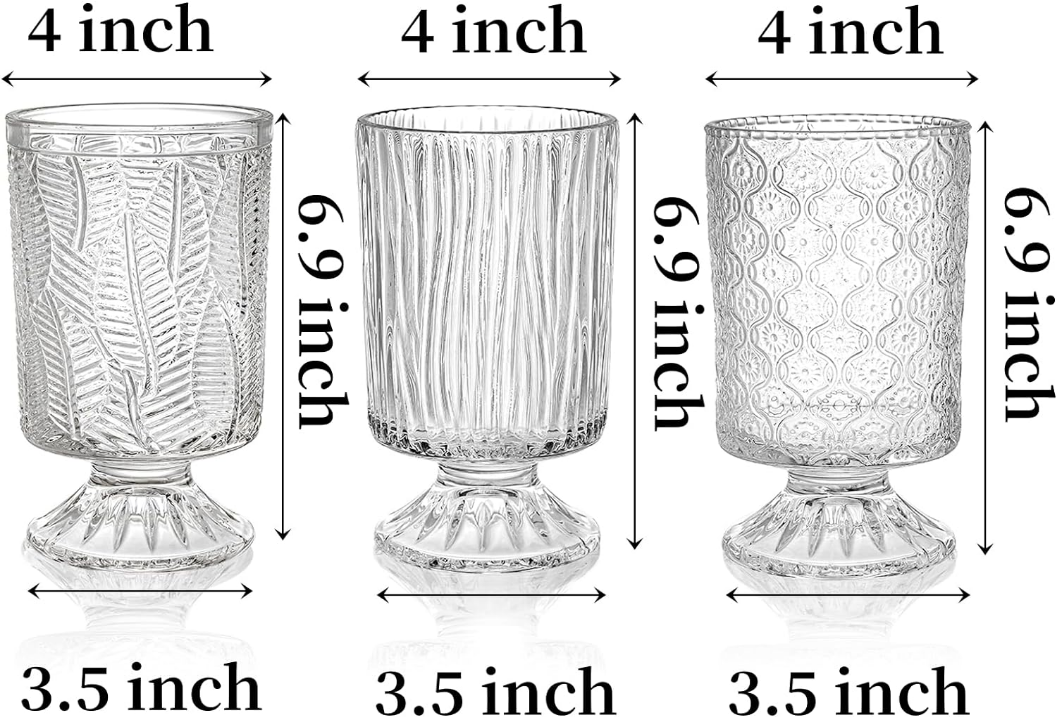 3 Pack Glass Vase, Embossed Big Base Vase, Vintage Clear Flower Vases, Decorative Hydroponic Plant Vase for Wedding, Party, Office, Home, Boho Style Decoration