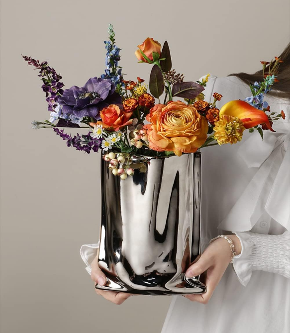 Silver Flower Vase, 9.2 Inch Tall Minimalist Ceramic Vase, Eclectic Flowerpot for Home Office Table Decor Housewarming Wedding Birthday Festival Gift