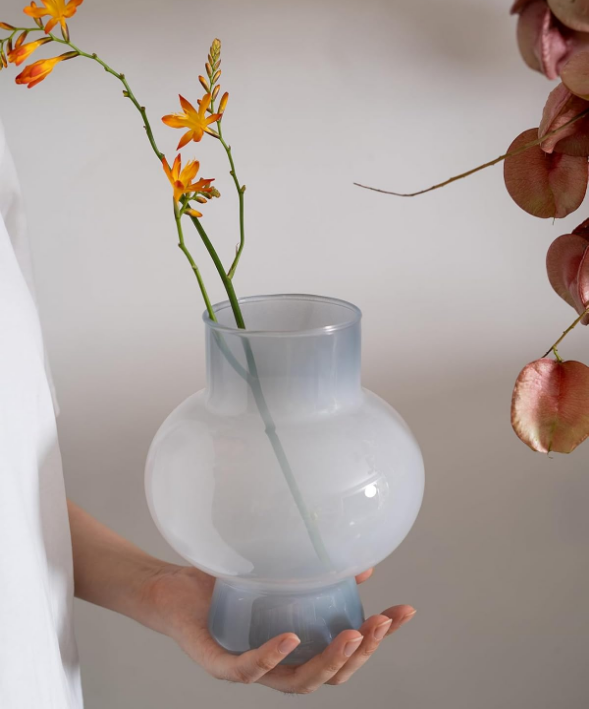 Glass Vase for Flower Centerpiece, Lantern Shaped Glass Vase, Modern Floral Vase for Center, Living Room, Tabletop Decor (Off-White)