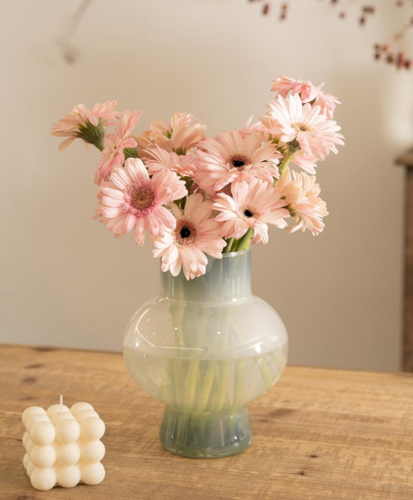 Glass Vase for Flower Centerpiece, Lantern Shaped Glass Vase, Modern Floral Vase for Center, Living Room, Tabletop Decor (Off-White)