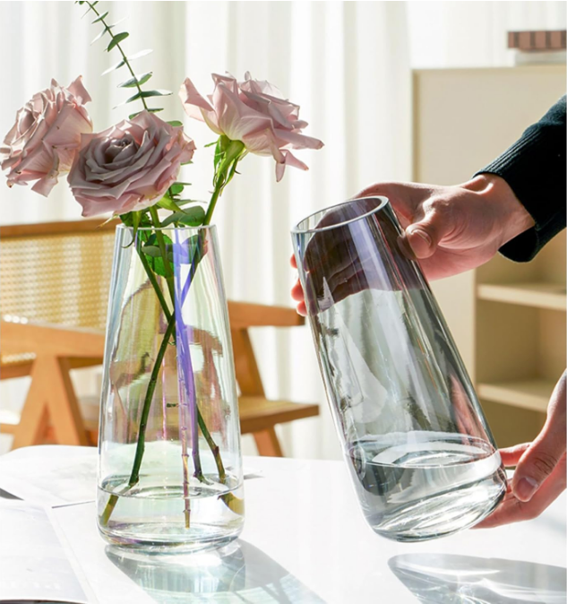 Modern Glass Vase Irised Crystal Clear Glass Vase for Home Office Decor (Crystal Grey)
