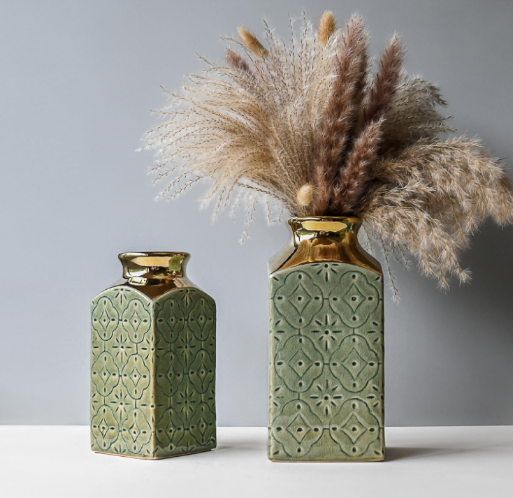 Modern Ceramic Vase Set of 2 for Living Room Bedroom 9.3'' and 7.9'' Flower Vases for Home Decor Office Centerpieces Vintage Antique Green Gold Farmhouse Rustic Minimalist Gift for Fake Plant