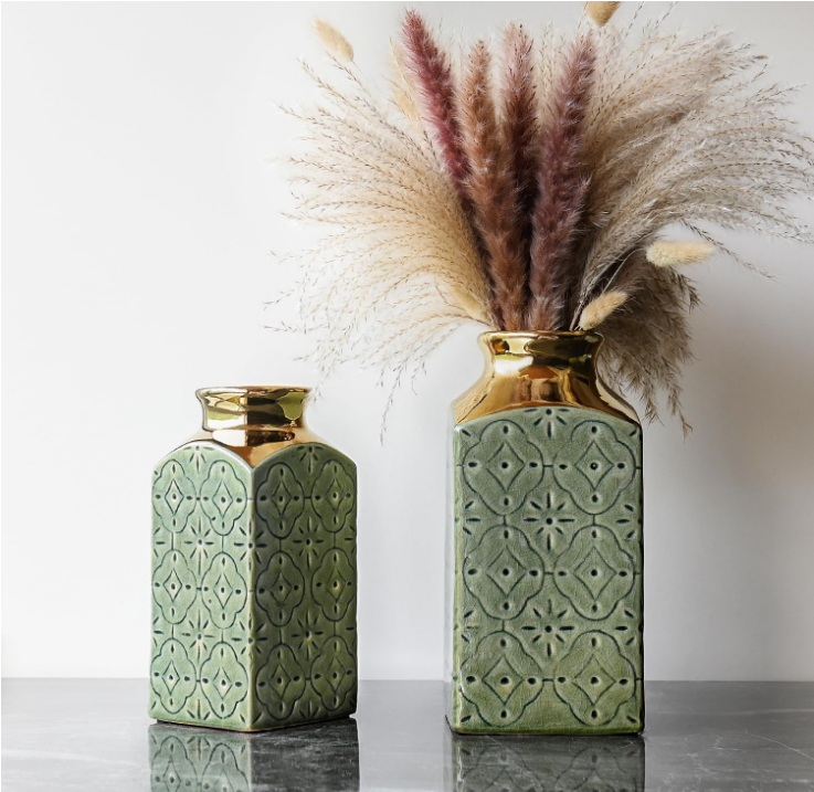 Modern Ceramic Vase Set of 2 for Living Room Bedroom 9.3'' and 7.9'' Flower Vases for Home Decor Office Centerpieces Vintage Antique Green Gold Farmhouse Rustic Minimalist Gift for Fake Plant