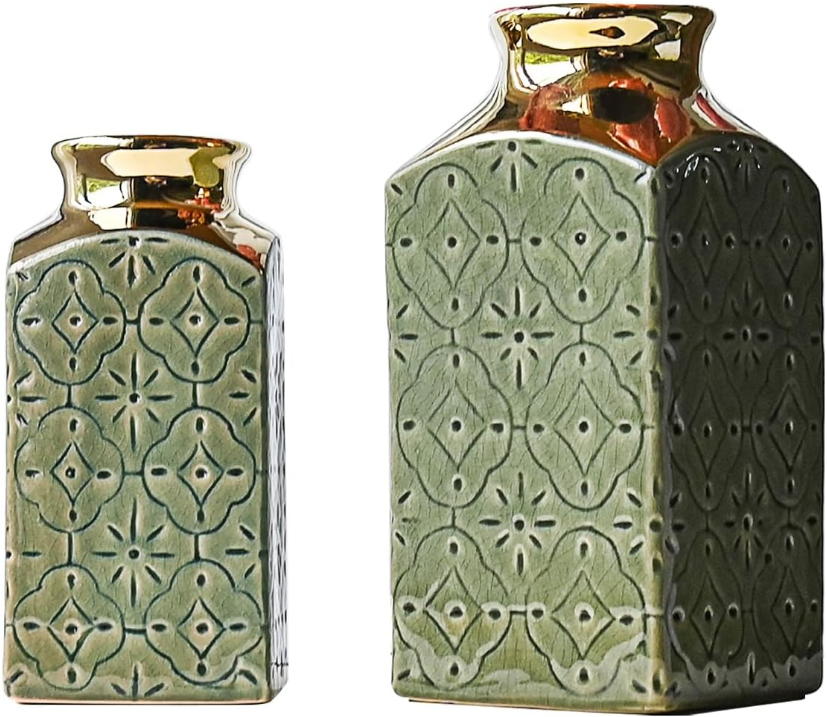 Modern Ceramic Vase Set of 2 for Living Room Bedroom 9.3'' and 7.9'' Flower Vases for Home Decor Office Centerpieces Vintage Antique Green Gold Farmhouse Rustic Minimalist Gift for Fake Plant