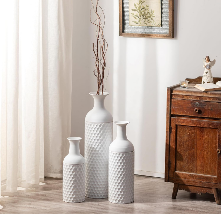 Large Tall White Floor Vases: 27in Metal Floor Standing Vase Set of 3 Modern Honeycomb Texture Big Standing Vase for Living Room Dining Bedroom Home Corner Hallway Indoor Office