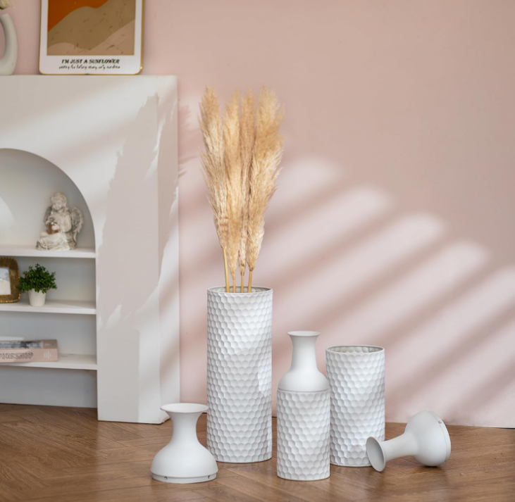 Large Tall White Floor Vases: 27in Metal Floor Standing Vase Set of 3 Modern Honeycomb Texture Big Standing Vase for Living Room Dining Bedroom Home Corner Hallway Indoor Office