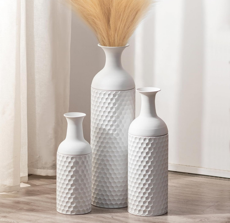 Large Tall White Floor Vases: 27in Metal Floor Standing Vase Set of 3 Modern Honeycomb Texture Big Standing Vase for Living Room Dining Bedroom Home Corner Hallway Indoor Office