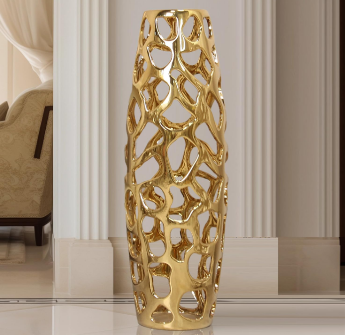 Ceramic Vase Large Floor Vase Handmade Ceramic Flower Holder Hand Carve Vase Made Sophisticated Vessel for Decorative Branches and Dried Flowers 24 Inches Gold