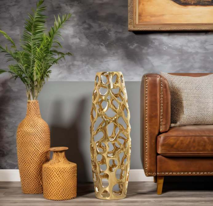 Ceramic Vase Large Floor Vase Handmade Ceramic Flower Holder Hand Carve Vase Made Sophisticated Vessel for Decorative Branches and Dried Flowers 24 Inches Gold