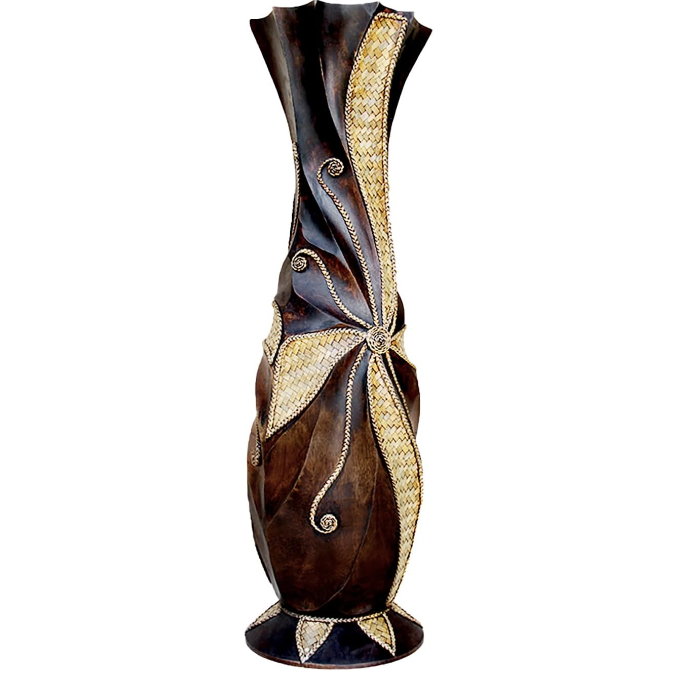 Tall Floor Vase, Handcrafted Solid Wood Decorative Brown Floor Vases with Weaving Bamboo Strips, Wide Mouth Opening Corner Vase for Living Room Home Decor, Pampas Grass, Hallway