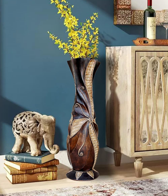 Tall Floor Vase, Handcrafted Solid Wood Decorative Brown Floor Vases with Weaving Bamboo Strips, Wide Mouth Opening Corner Vase for Living Room Home Decor, Pampas Grass, Hallway