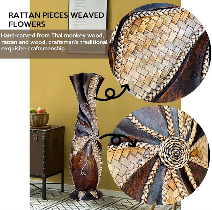 Tall Floor Vase, Handcrafted Solid Wood Decorative Brown Floor Vases with Weaving Bamboo Strips, Wide Mouth Opening Corner Vase for Living Room Home Decor, Pampas Grass, Hallway
