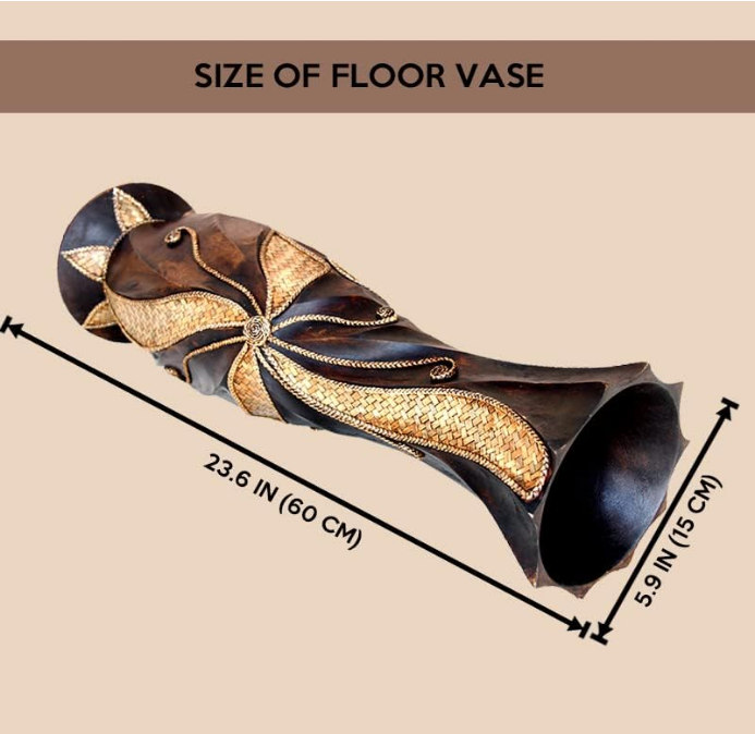Tall Floor Vase, Handcrafted Solid Wood Decorative Brown Floor Vases with Weaving Bamboo Strips, Wide Mouth Opening Corner Vase for Living Room Home Decor, Pampas Grass, Hallway