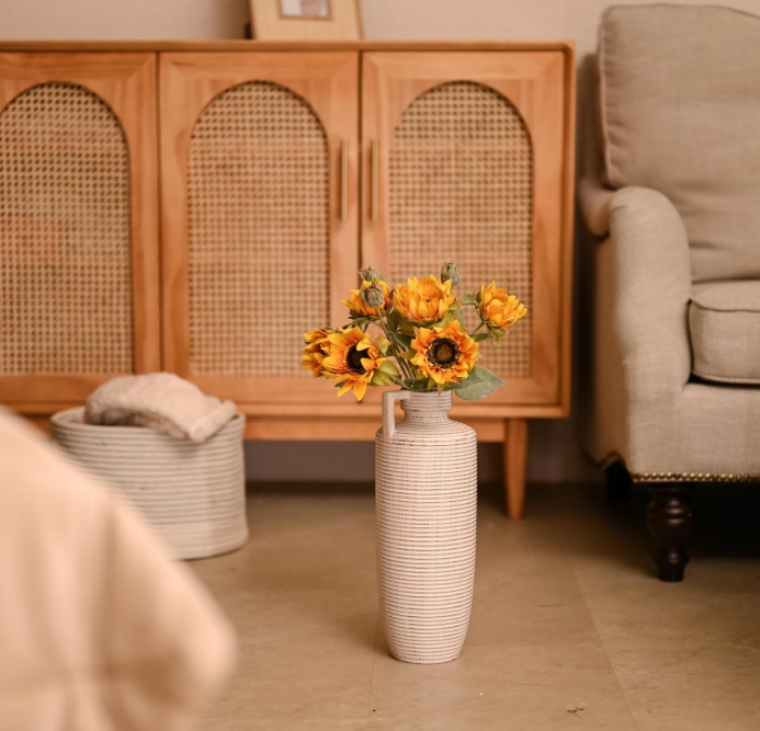 Floor Vase for Pampas Grass, Rustic Vase for Home Decor, Decorative Ceramic Farmhouse Beige Vase with Handle for Living Room, Fireplace,Mental Ideal Housewarming Gifts for Mom,14"