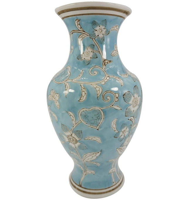 Light Blue and White Flower & Heart Chinoiserie Ceramic Vase 14"- Hand Painted Antique Style Porcelain Flower Bottle Fishtail Porcelain Chinese Vase for Home Decor Centerpiece
