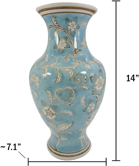 Light Blue and White Flower & Heart Chinoiserie Ceramic Vase 14"- Hand Painted Antique Style Porcelain Flower Bottle Fishtail Porcelain Chinese Vase for Home Decor Centerpiece