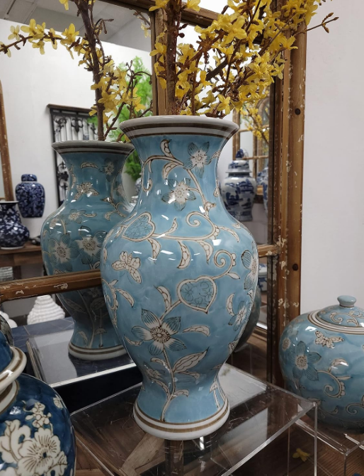 Light Blue and White Flower & Heart Chinoiserie Ceramic Vase 14"- Hand Painted Antique Style Porcelain Flower Bottle Fishtail Porcelain Chinese Vase for Home Decor Centerpiece