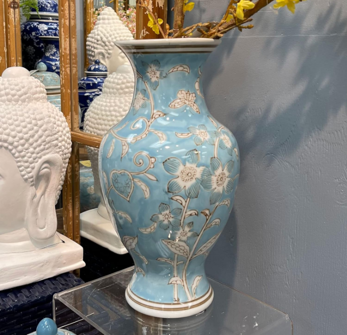 Light Blue and White Flower & Heart Chinoiserie Ceramic Vase 14"- Hand Painted Antique Style Porcelain Flower Bottle Fishtail Porcelain Chinese Vase for Home Decor Centerpiece