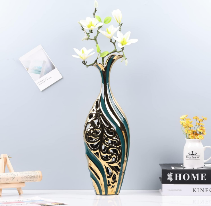 19 inch Tall Floor vase, Green and Gold Ceramic vase, Pottery Decorative vase, Unique Pampas Grass vase Suitable for Living Room Floor, Home Office, Porch Home Centerpiece Decorative Large vase