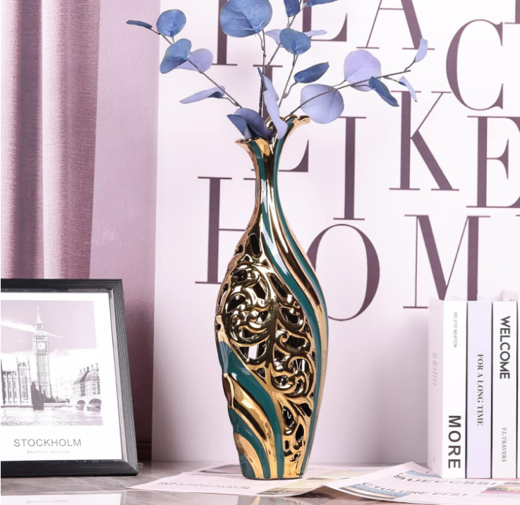 19 inch Tall Floor vase, Green and Gold Ceramic vase, Pottery Decorative vase, Unique Pampas Grass vase Suitable for Living Room Floor, Home Office, Porch Home Centerpiece Decorative Large vase