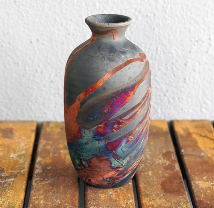 Koban 7 inch Raku Ceramic Pottery Vase - Carbon Half Copper Matte Raku Pottery with Water Tube Gifts for her mom, Boho, Home Decor