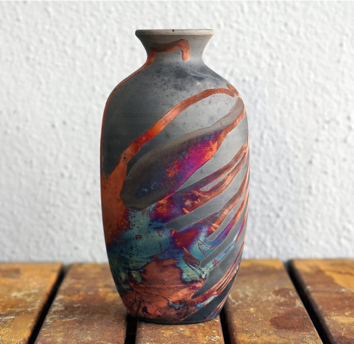 Koban 7 inch Raku Ceramic Pottery Vase - Carbon Half Copper Matte Raku Pottery with Water Tube Gifts for her mom, Boho, Home Decor