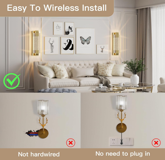 Battery Operated Wall Sconce Rechargeable Battery Powered 12000mAh Wall Light Indoor Not Hardwired Remote Control Dimmable Wall Lamp Fixtures for Bedroom Living Room Gold 1 Pack