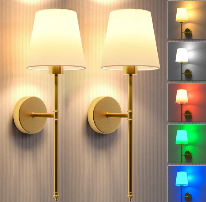 Wall Lights Battery Operated Wall Sconces Set of 2,Gold Wireless Wall Sconces with Remote,9 Colors Modes Rechargeable Wall lamp for Bedroom Living Room