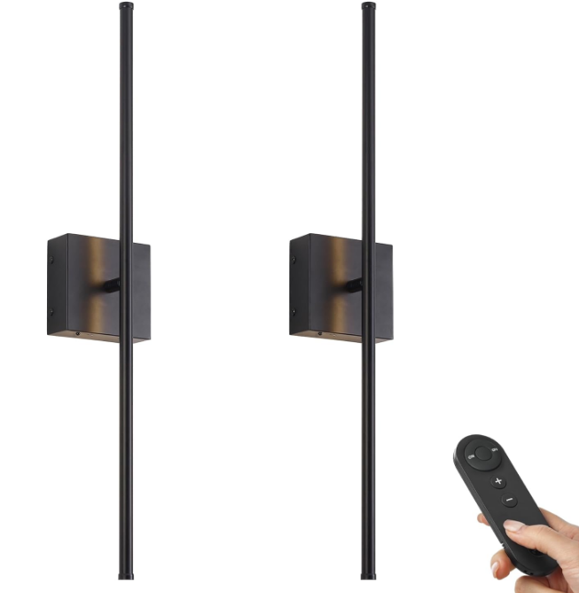 Battery Operated Wall Sconces with Remote Control, Dimmable Wall Sconces Set of Two, 350°Rotate, 3000K LED Black Wireless Wall Light for Living Room, Hallway, Bedroom, 28.3 Inch (2 Pack)