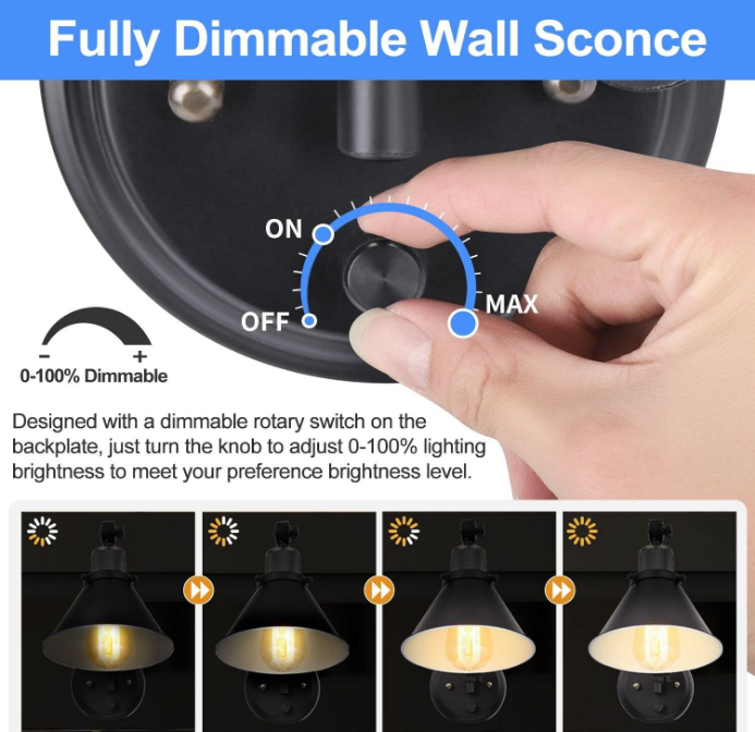 Wall Sconce Plug in, Dimmable Wall Sconce with Switch Swing Arm Wall Lights Plug in Wall Mounted Light Wall Sconces Lighting with 6FT Plug in Cord, E26 Base, UL Listed(Two Arms, 1 Pack)