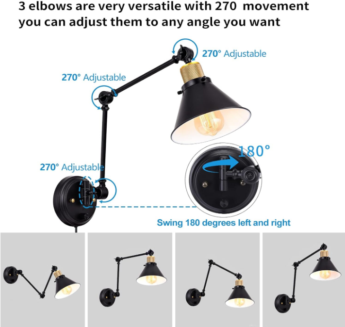 Wall Sconce Plug in, Dimmable Wall Sconce with Switch Swing Arm Wall Lights Plug in Wall Mounted Light Wall Sconces Lighting with 6FT Plug in Cord, E26 Base, UL Listed(Two Arms, 1 Pack)
