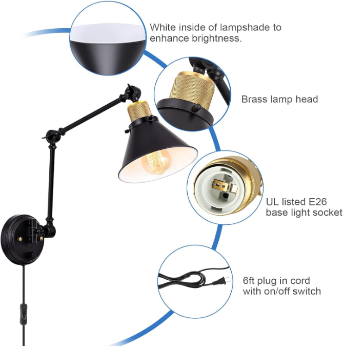 Wall Sconce Plug in, Dimmable Wall Sconce with Switch Swing Arm Wall Lights Plug in Wall Mounted Light Wall Sconces Lighting with 6FT Plug in Cord, E26 Base, UL Listed(Two Arms, 1 Pack)