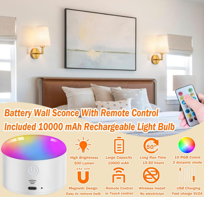 Wall Sconce Battery Operated Wall Light Fixure with Remote Control, Dimmable Battery Operated Wall Sconces Set Of Two, Indoor Wireless Wall Mounted Lamp with Rechargable Bulb For Bedroom Living Room