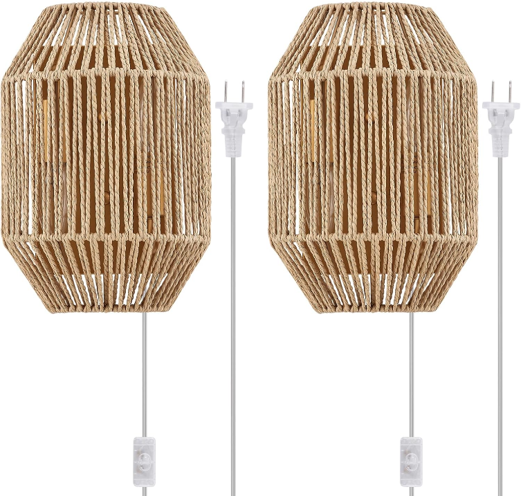 Natural Rattan Plug-in Wall Sconce Set of 2, with Boho Woven Wicker Shade Antique Brass Brush Paint Finish for Vanity Stairway Fireplace Living Room Bedside Passway Hallway