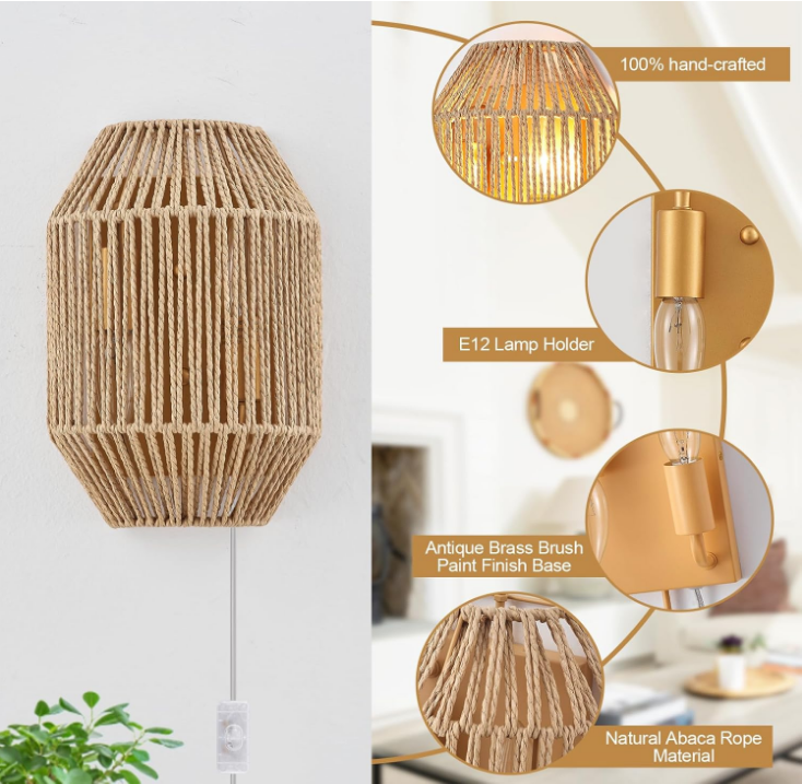 Natural Rattan Plug-in Wall Sconce Set of 2, with Boho Woven Wicker Shade Antique Brass Brush Paint Finish for Vanity Stairway Fireplace Living Room Bedside Passway Hallway