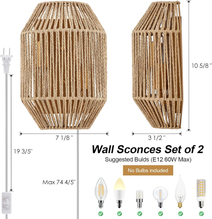 Natural Rattan Plug-in Wall Sconce Set of 2, with Boho Woven Wicker Shade Antique Brass Brush Paint Finish for Vanity Stairway Fireplace Living Room Bedside Passway Hallway