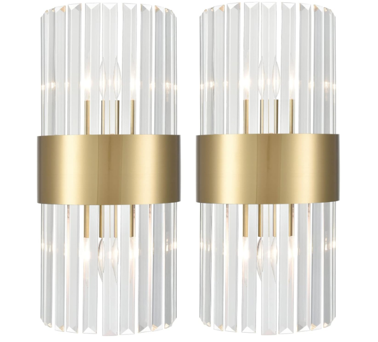 Gold Crystal Wall Sconces Set of Two Modern 2-Light Crystal Glass Sconces Wall Lighting Brass Glass Wall Light Fixtures for Bathroom Hallway Bedroom