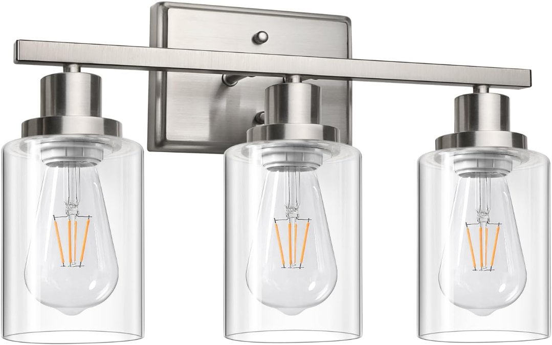 Bathroom Vanity Light Fixtures, 3 Light Wall Sconces Lighting with Clear Glass Shade, Brushed Nickel Wall Lights for Mirror, Kitchen, Living Room, Gallery, E26 Base (Bulbs Not Included)