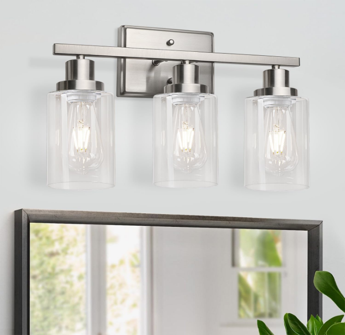 Bathroom Vanity Light Fixtures, 3 Light Wall Sconces Lighting with Clear Glass Shade, Brushed Nickel Wall Lights for Mirror, Kitchen, Living Room, Gallery, E26 Base (Bulbs Not Included)