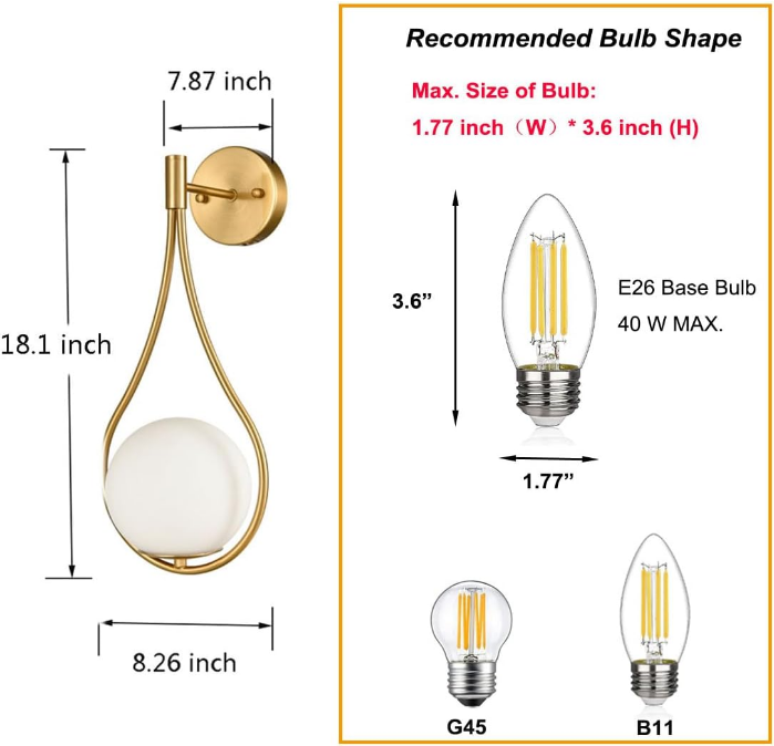 Mid-Century Modern Wall Sconces Bathroom Globe Vanity Light Fixture Brass Set of 2