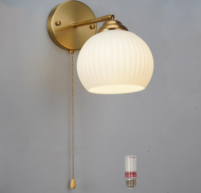 Gold Wall Sconce, mid Century Modern Sconce with Hand Pull Switch Indoor Wall Sconce for Bedroom Bedside Bathroom Kitchen Vanity Hallway Wall Mounted Light Fixture