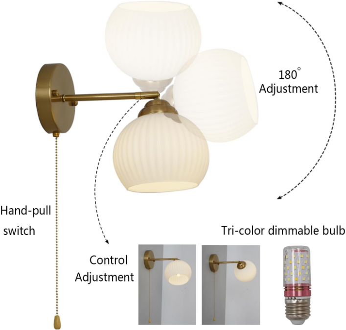 Gold Wall Sconce, mid Century Modern Sconce with Hand Pull Switch Indoor Wall Sconce for Bedroom Bedside Bathroom Kitchen Vanity Hallway Wall Mounted Light Fixture