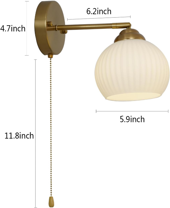 Gold Wall Sconce, mid Century Modern Sconce with Hand Pull Switch Indoor Wall Sconce for Bedroom Bedside Bathroom Kitchen Vanity Hallway Wall Mounted Light Fixture