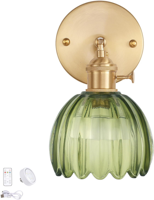 Vintage Battery Operated Wall Sconce with Green Tulip Glass Lampshade Rechargeable Battery Powered Wall Light with Remote Control for Bedside Bedroom Doorway