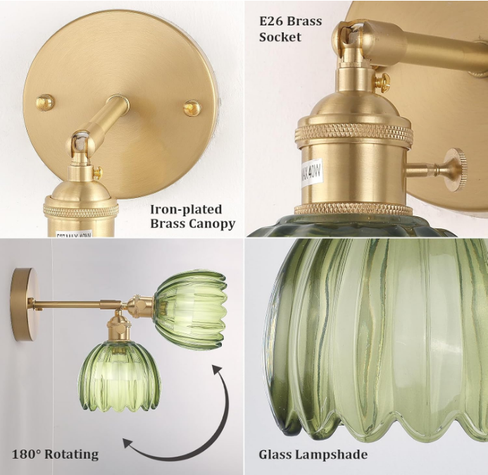 Vintage Battery Operated Wall Sconce with Green Tulip Glass Lampshade Rechargeable Battery Powered Wall Light with Remote Control for Bedside Bedroom Doorway