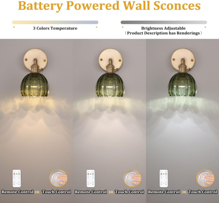 Vintage Battery Operated Wall Sconce with Green Tulip Glass Lampshade Rechargeable Battery Powered Wall Light with Remote Control for Bedside Bedroom Doorway